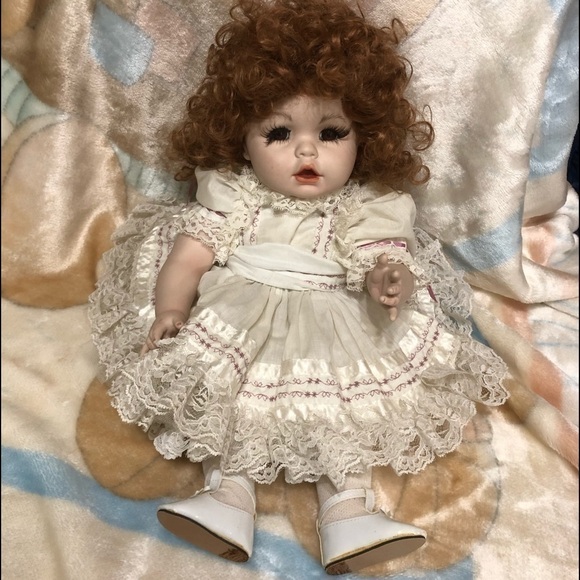 Porcelain Handcrafted 1989 Jointed Baby Doll With Long Curly Auburn Hair - Picture 1 of 12